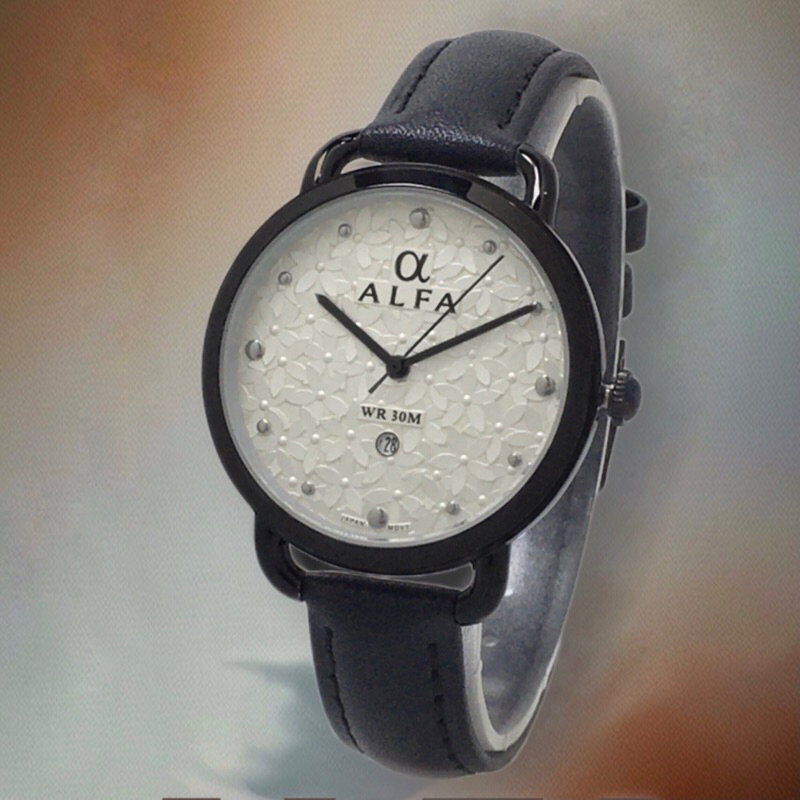ALFA Jam Tangan Wanita Kulit Asli Series 38009 Original Garansi free kotak [BLACK]