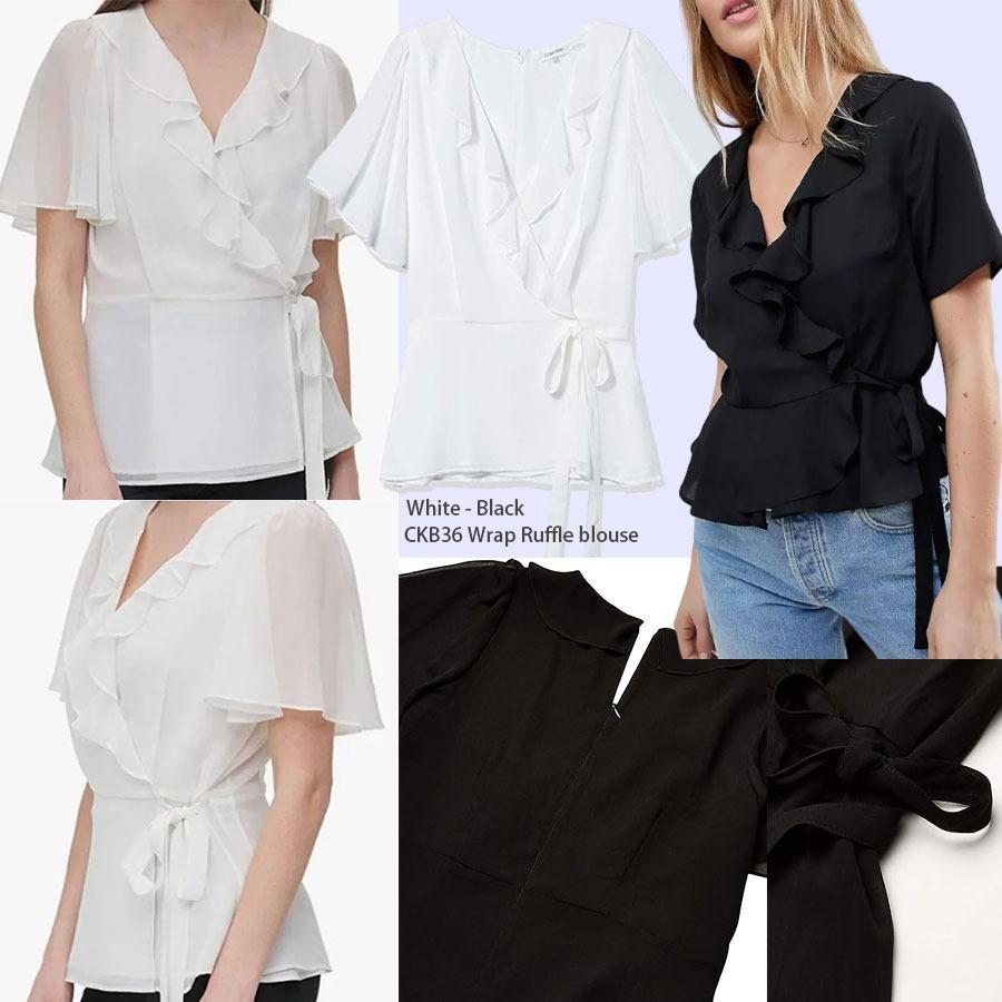 [shp] CLVN-K 36 Wrap Ruffle Blouse - Baju Atasan Kerja Peach / Hitam / Putih Polos Lengan Pendek Wan