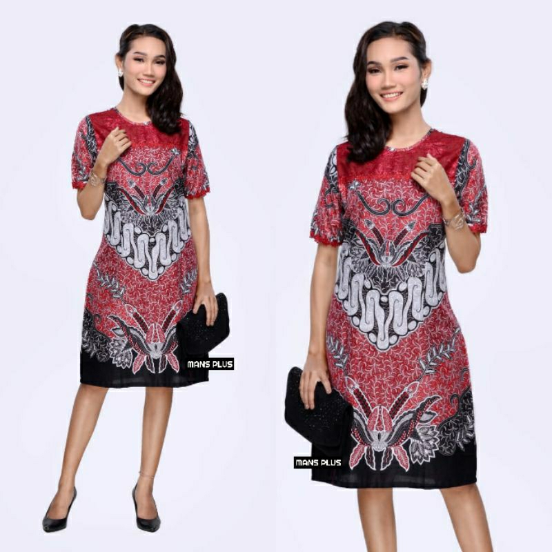 Dress Batik Wanita Jumbo Modern 4L-5L Kombinasi Brokat Terusan Big Size XXXL Seragam NGTP-Mrh