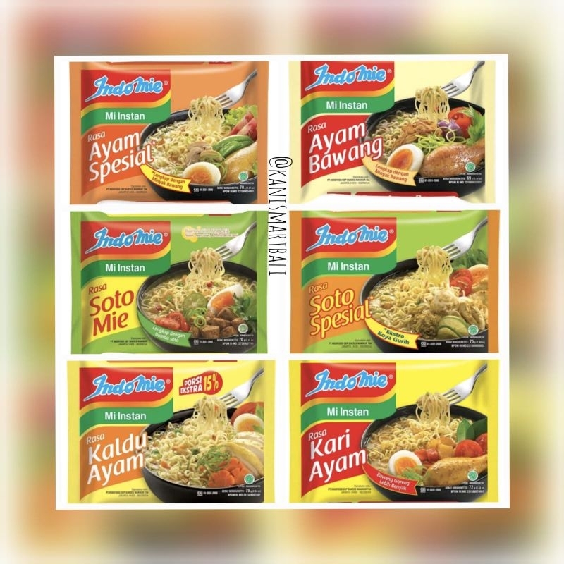 

indomie kuah / soto / ayam bawang / ayam spesial / soto spesial / kari ayam / kaldu ayam / mie instant