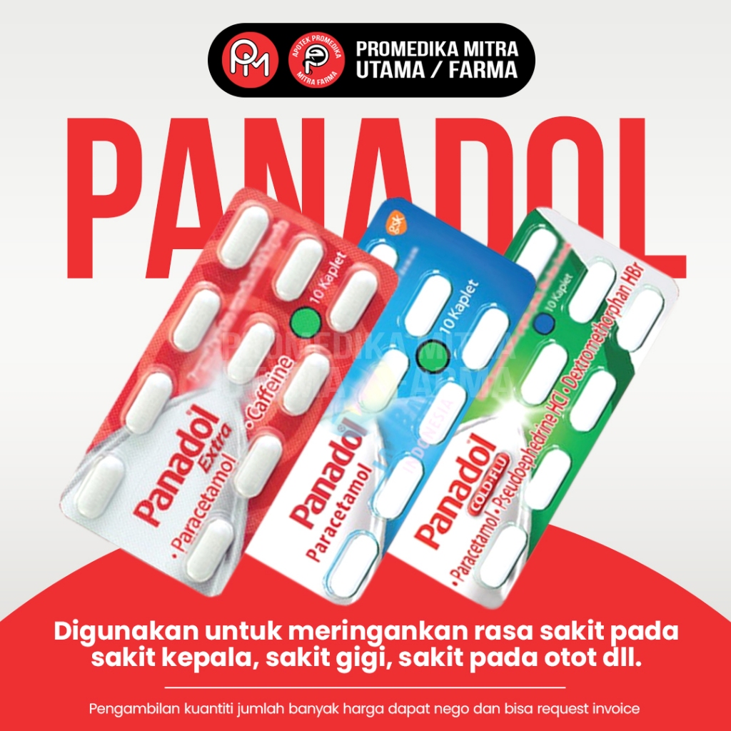 Panadol Kaplet Merah Biru Hijau / Blister / Untuk Nyeri, Sakit Kepala, dan Flu