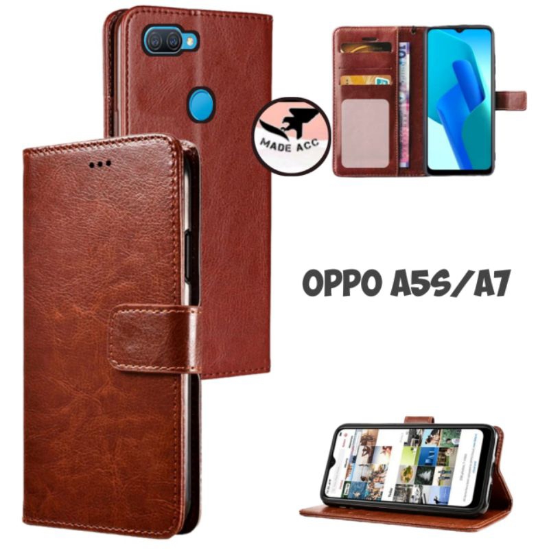 OPPO A5S / A7 casing dompet flip cover leather case kulit premium
