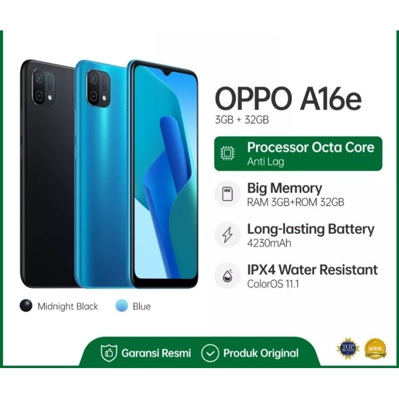 Oppo a16e 3/32gb ram 3gb 32gb baru new garansi resmi oppo indonesia