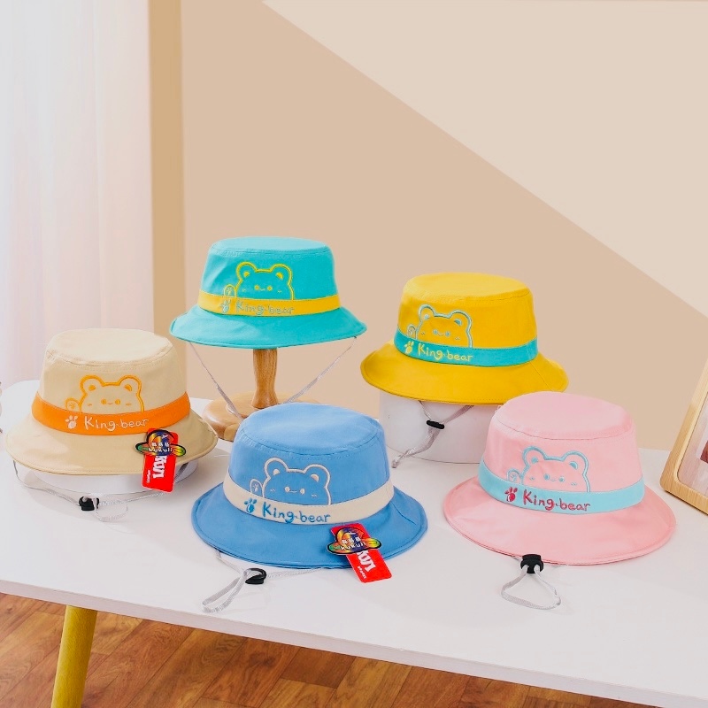 topi bucket anak motif king bear beruang pakai tali topi ember anak unisex topi bayi bulat terbaru