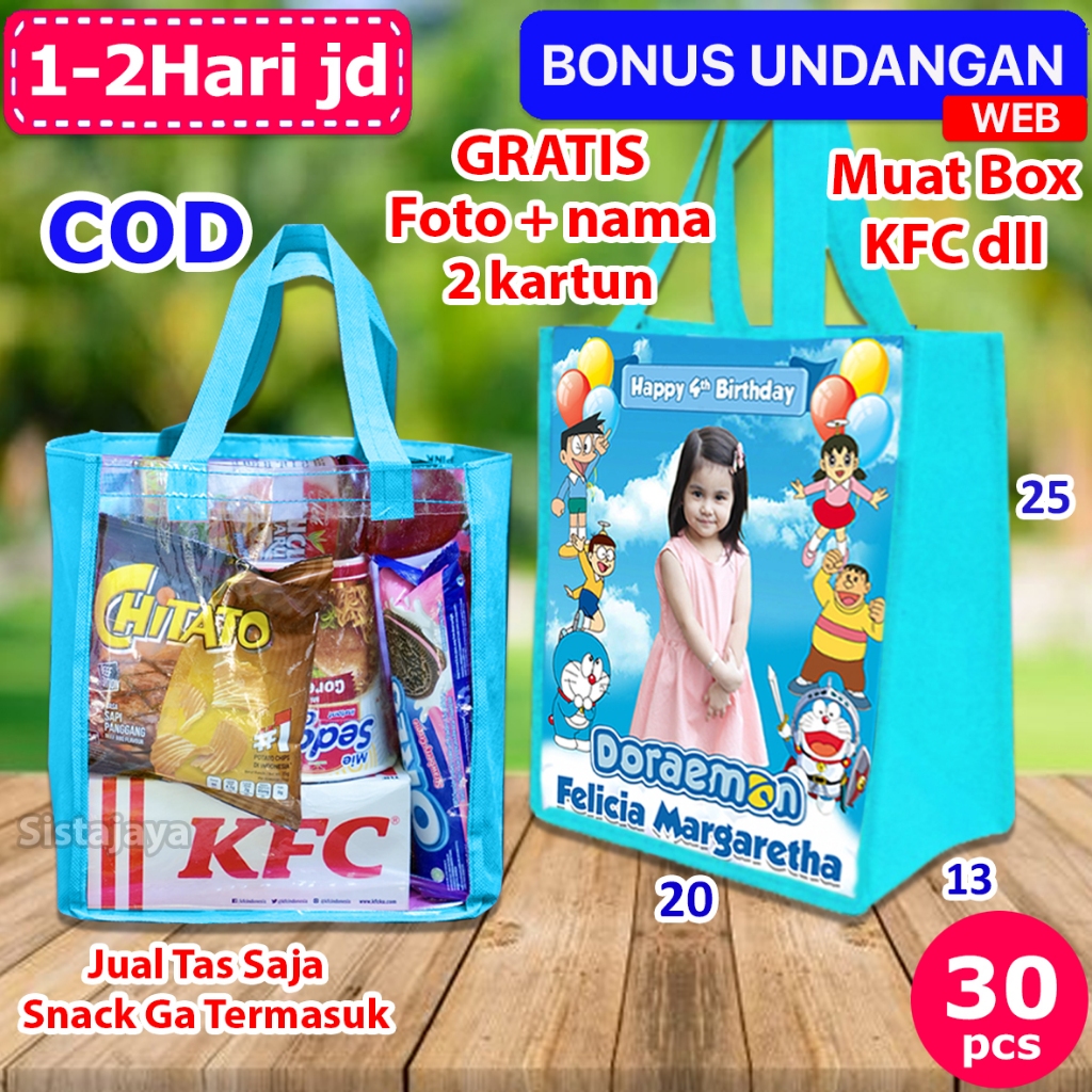 [Mika] Tas Souvenir Ultah Anak Doraemon / Tas Buat Snack Ulang Tahun Anak / Tas Ultah Foto Dan Nama