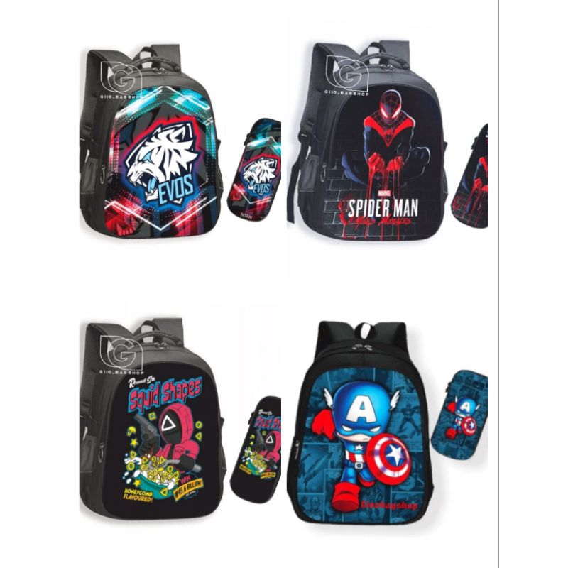 Tas Sekolah Anak 2in1/Tas Ransel Spiderman/Tas Ransel Squidgame/Tas Ransel Evos/Tas Ransel Anak laki
