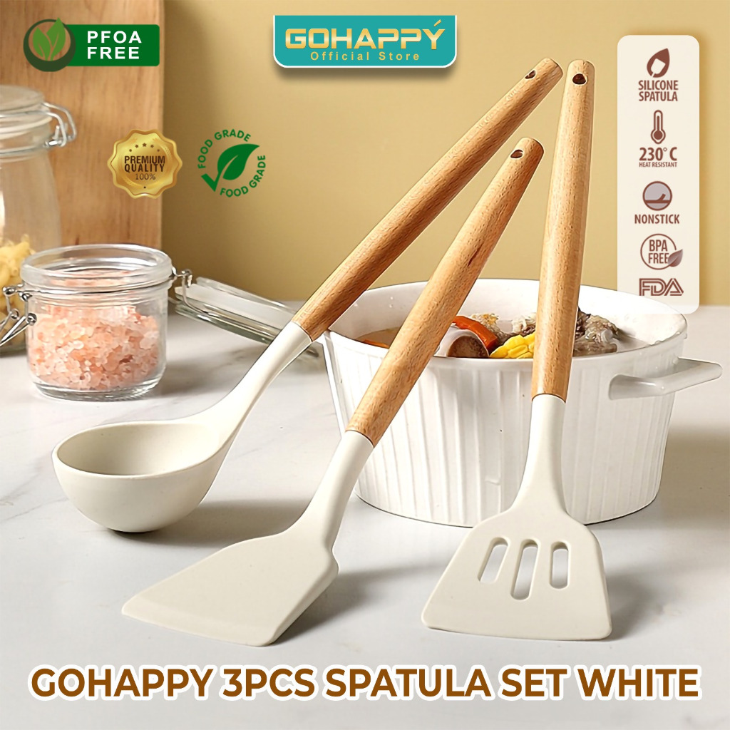 GOHAPPY Spatula Set Silikon 3PCS Estetik Warna Putih Anti Gores panci marble/granit/teflon - Sutil s