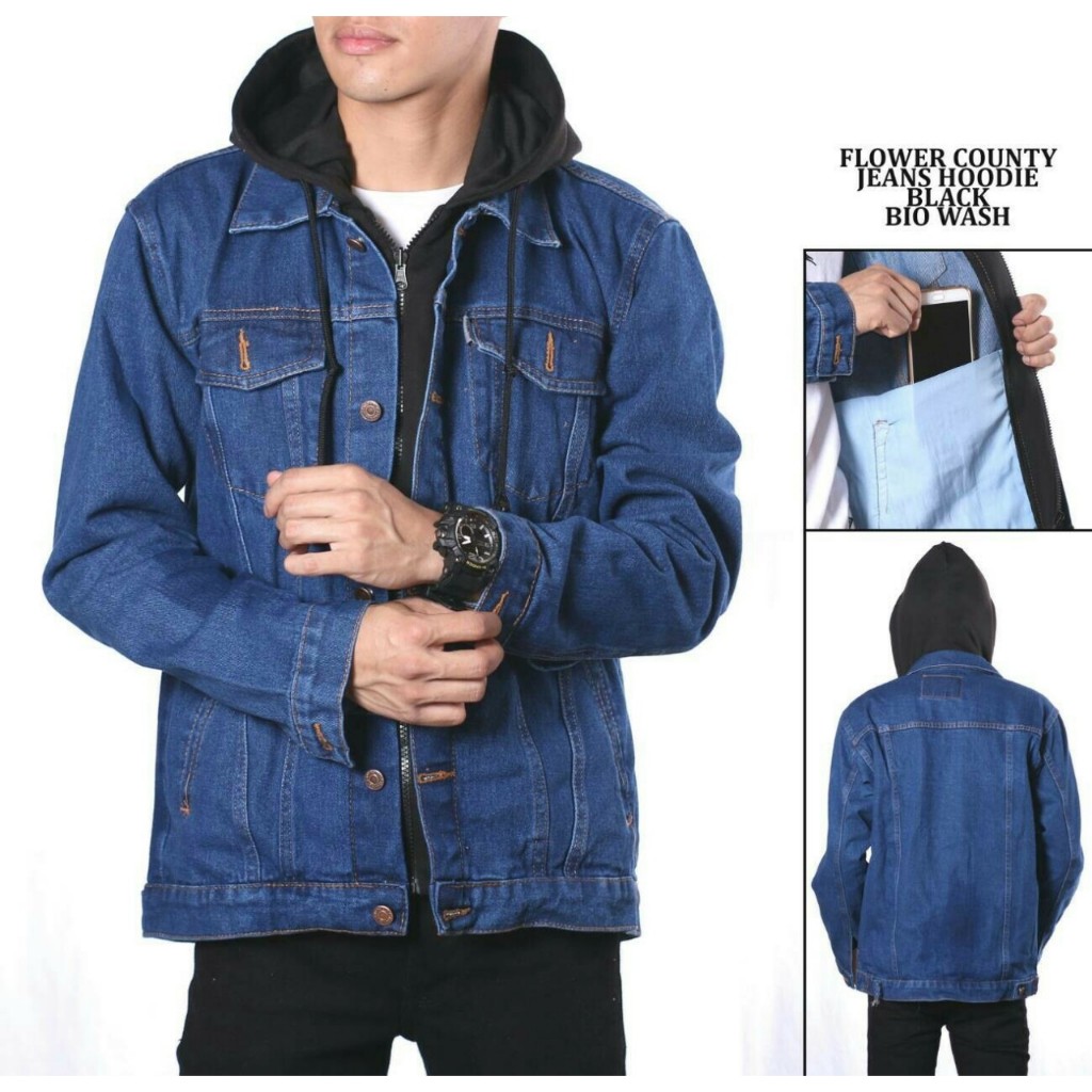 Jaket Jeans Denim Pria Hoodie Double Resleting Jaket Jeans Kombinasi Hoodie Sleting Ariel Premium