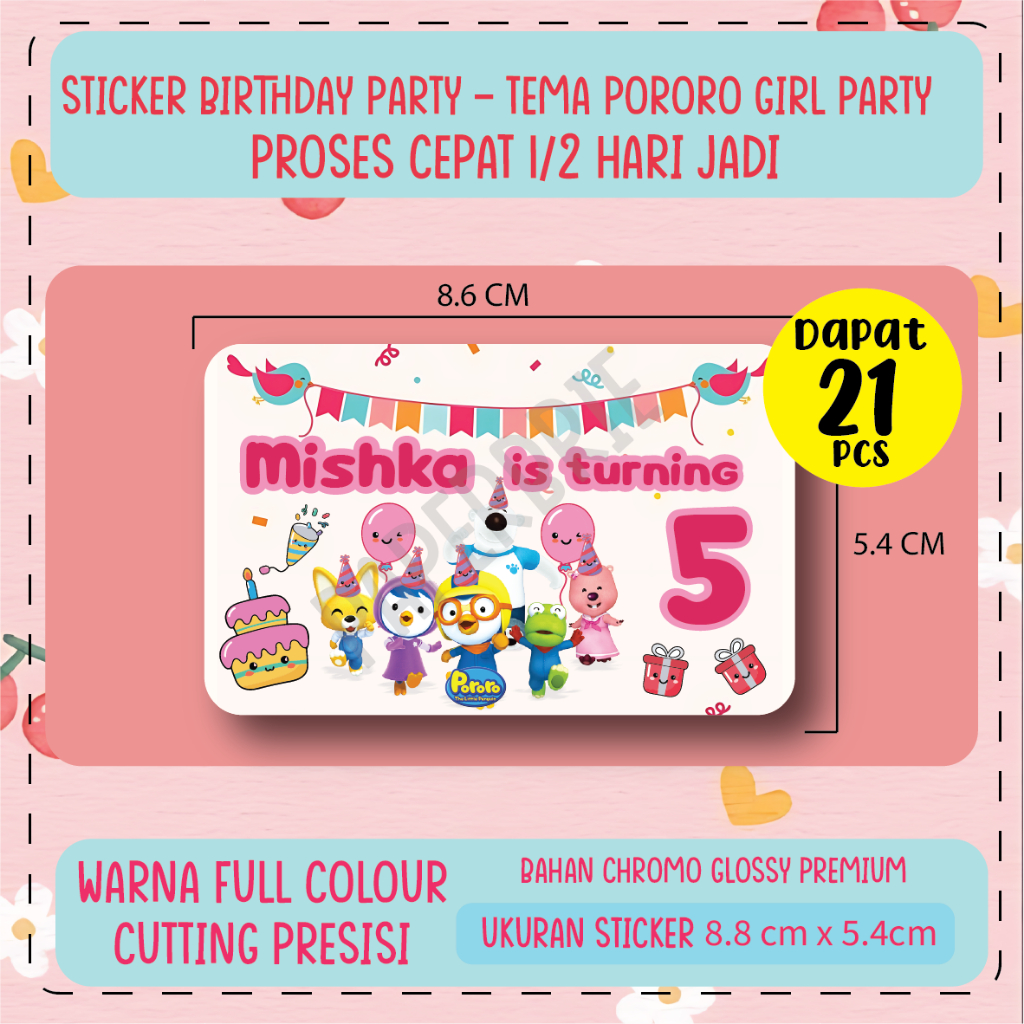 

Stiker Label Pororo Girl Party - Custom Nama, Ukuran Kartu ATM, Sticker Ulang Tahun, Hampers