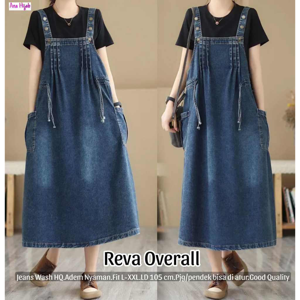 [Bisa COD] Reva overall by Ana hijab overall jeans premium size jumbo ld 105 reva overall midi gamis