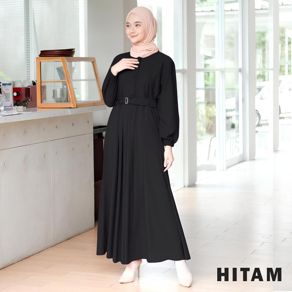 Gamis Hitam Polos Free Belt Dress Remaja Kekinian Maxi Busui Syar'i Daily-Black