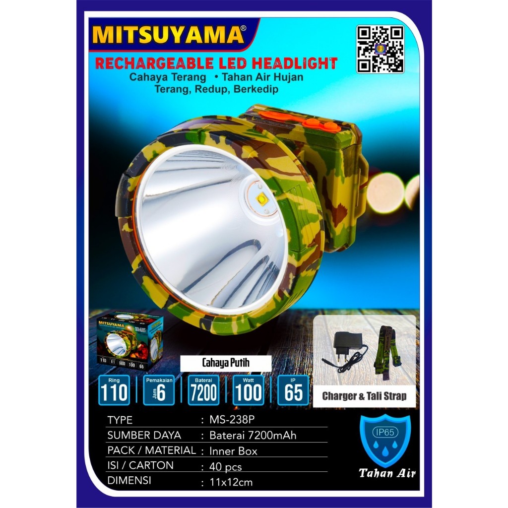 Barangunik2021 - Senter Kepala LED Profesional Cahaya Putih Mitsuyama MS-238P 100 Watt
