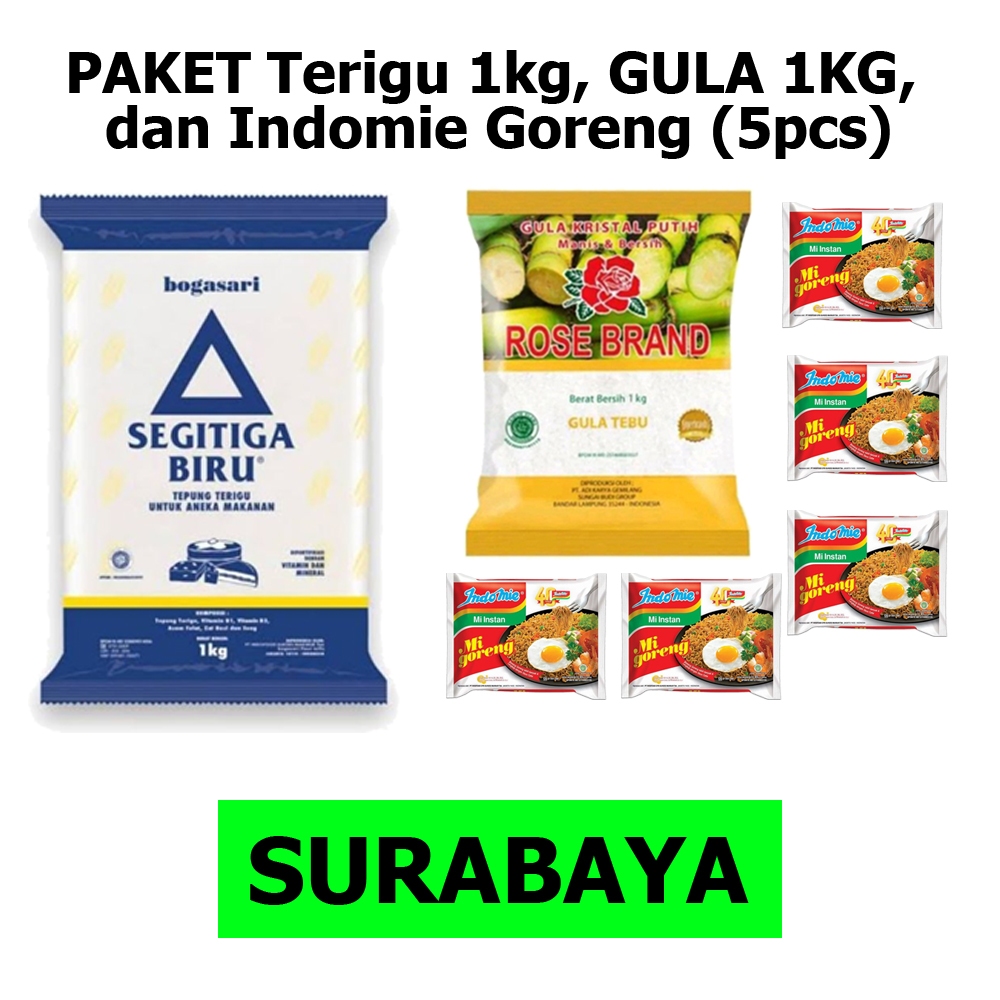 

Paketan Tepung Terigu Segitiga Biru Transparant + Gula Rosebrand 1kg + Indomie Goreng Ori 5 pcs (SURABAYA JAWA TIMUR)