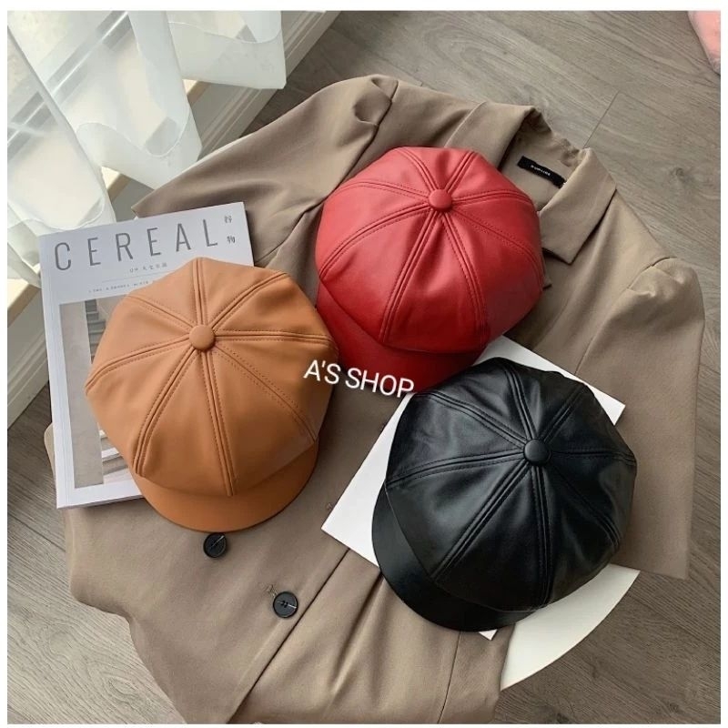 Topi Baret Wanita Topi Baret Bahan Kulit wanita Pu Bentuk Segi Delapan Aneka Warna Polos Gaya Kasual