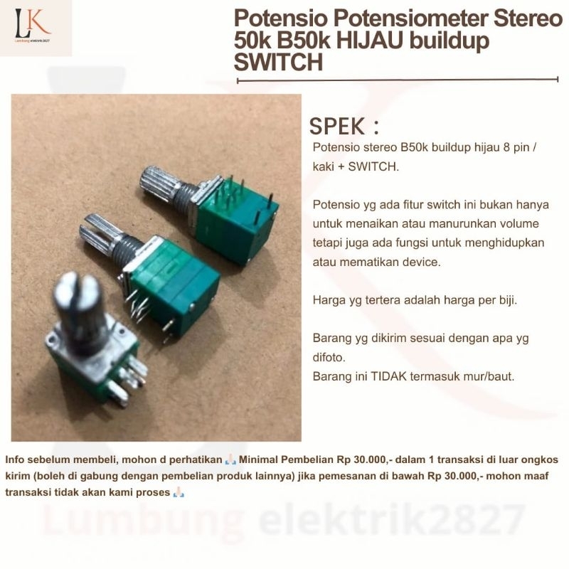 Potensio Potensiometer Stereo 50k B50k HIJAU buildup SWITCH 8 PIN kaki