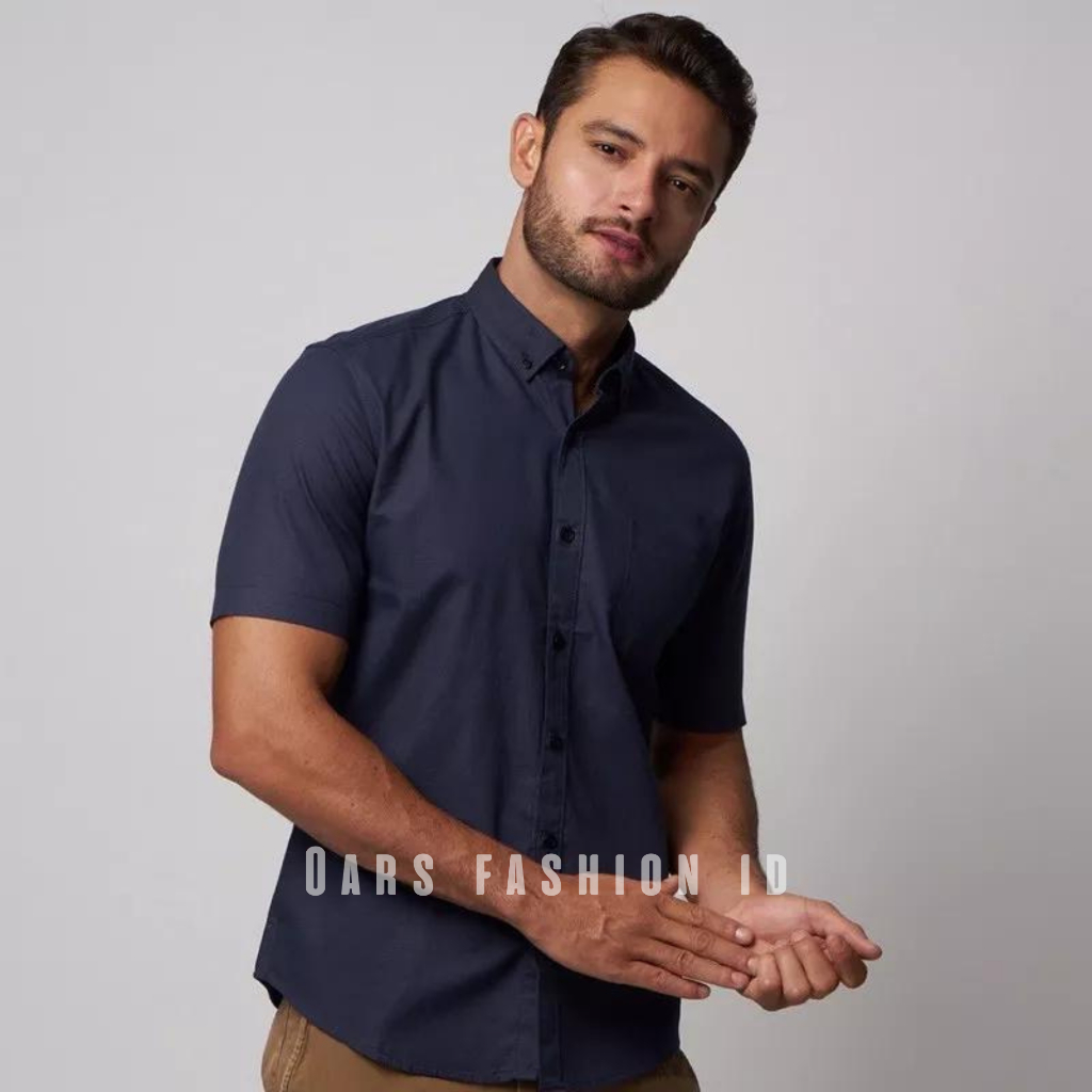 Kemeja Polos Lengan Pendek biru tua navy - kemeja pria slimfit - kemeja pendek hitam putih tosca abu