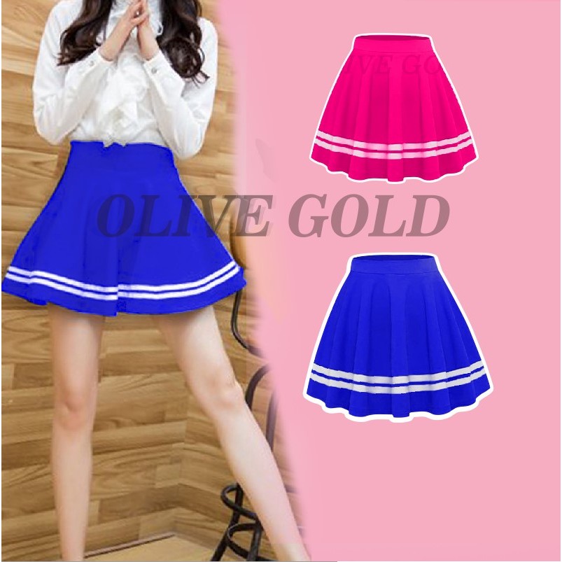 Olive Rok Mini Korea Rok Pendek Jepang Rok Biru pink Scuba Premium Garis List Kasual Olahraga