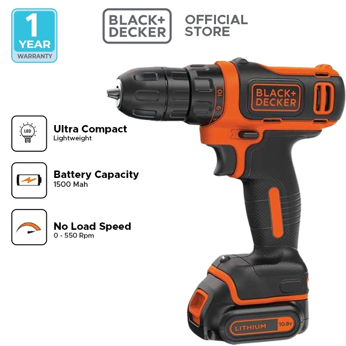 Black+Decker Cordless Drill Driver Kit + Tool Bag / Bor Obeng Baterai Set + Tas Alat 10.8V BDCDD12PJ