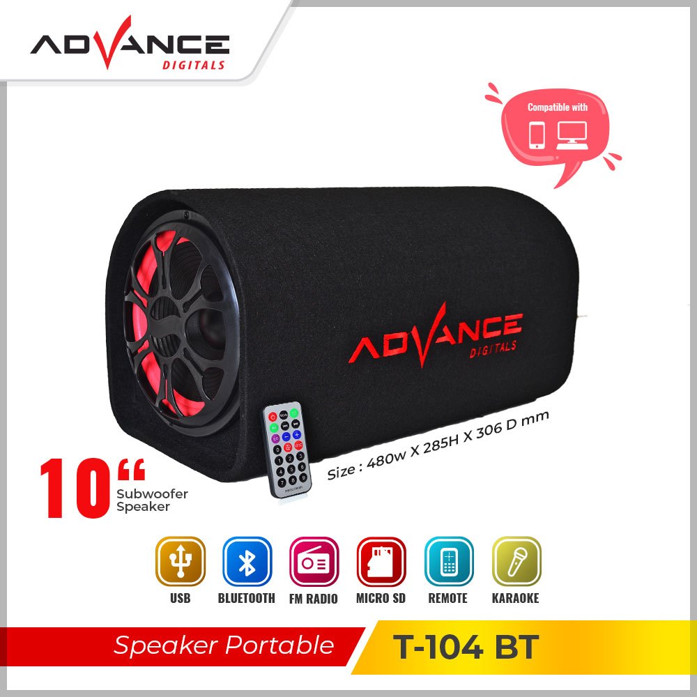 Advance Speaker Bluetooth T-104BT (Dapat Dihubungkan Ke Mobil) Speaker Karaoke Wireless Woofer 10inc