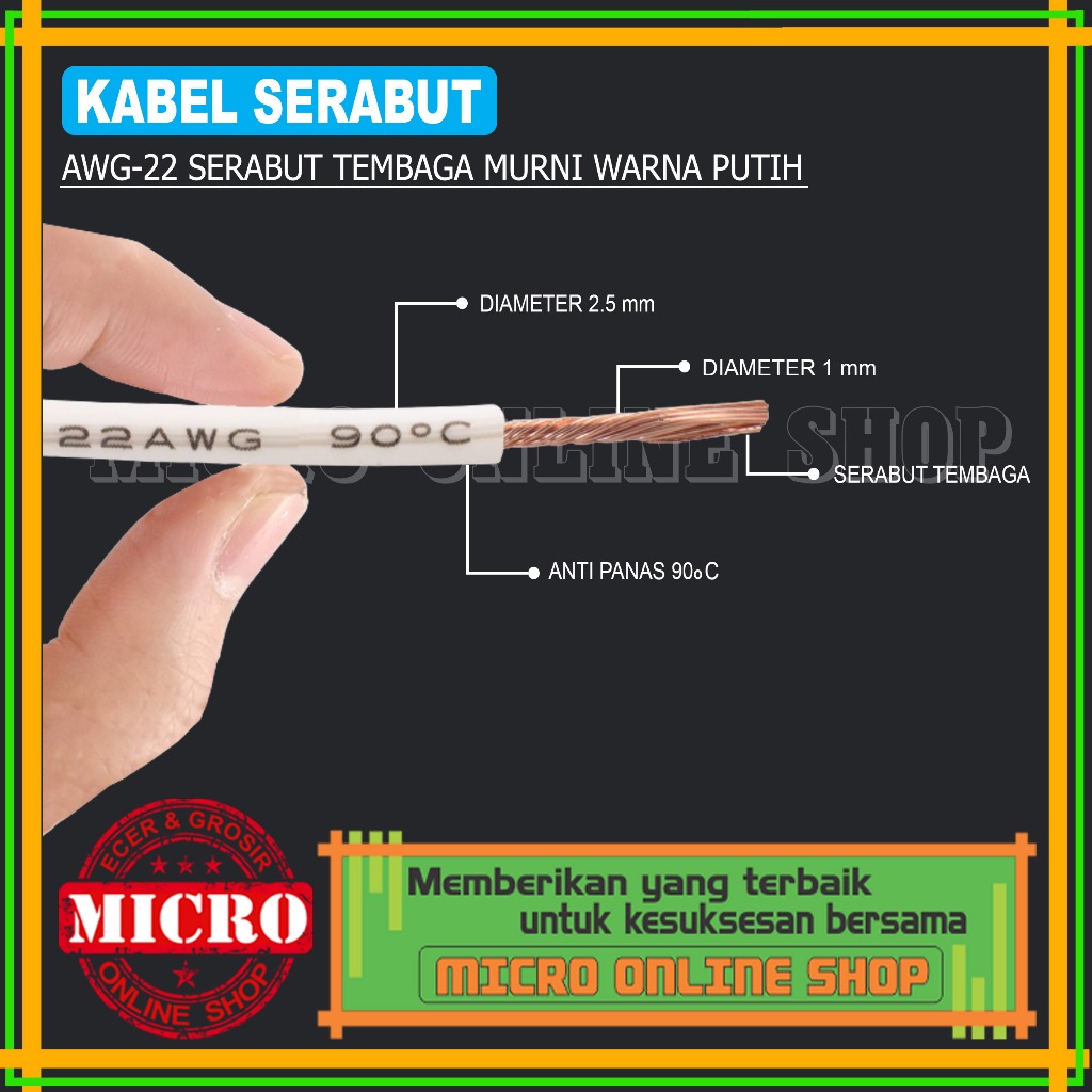 PAKET 3 METER Kabel Serabut AWG-22 Putih / Kabel Kelistrikan Motor Mobil / Kabel AWG Serabut Tembaga