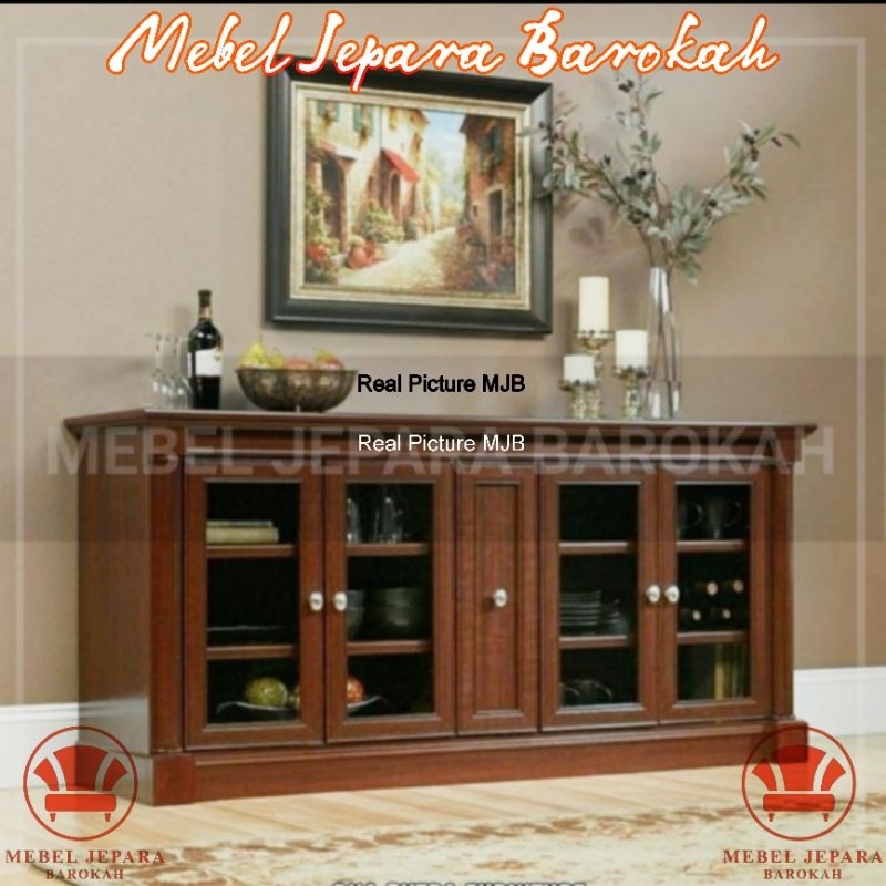 Lemari Kabinet Klasik Pintu Kaca Kayu Jati Minimalis Bufet Meja Rak TV Serbaguna