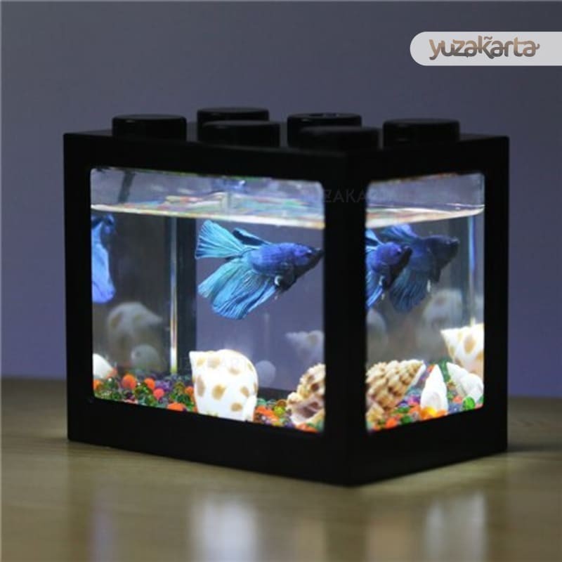 Aquarium Mini Mungkil Kecil Bentuk Lego Block Lampu Led Ikan Cupang