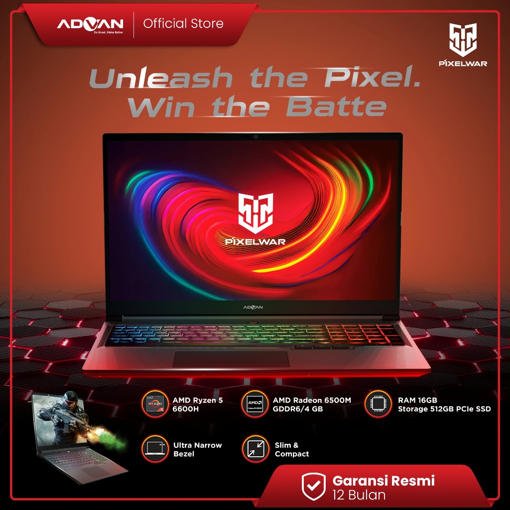ADVAN Laptop Gaming Pixelwar AMD RYZEN 5 6600H 16” 2.5K IPS 16GB 512GB