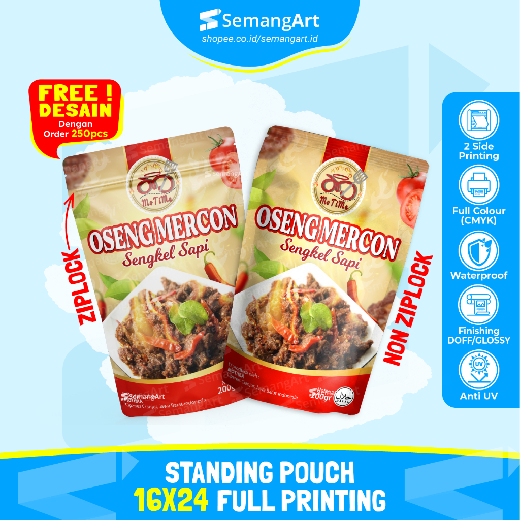

Kemasan Standing Pouch Cetak Full Printing 16x24cm Aluminium Foil Plastik Klip Ziplock Zipper