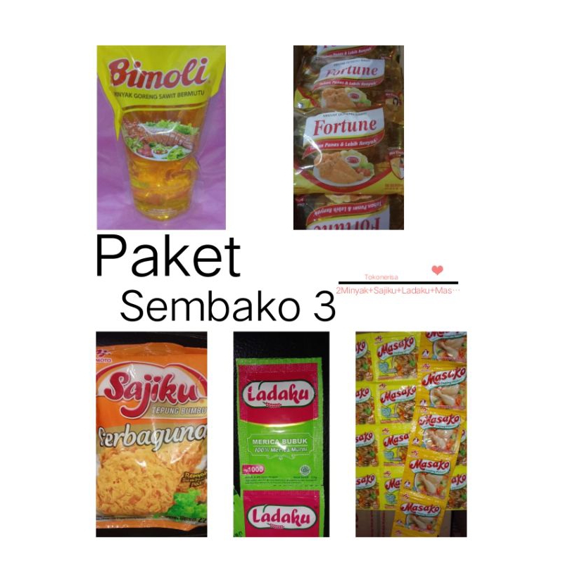 

Paket Sembako 3 (1L Bimoli+ 1L Fortune bantal+ 1 Sajiku+ 6pcs Ladaku+ 6 Masako sapi/ayam)