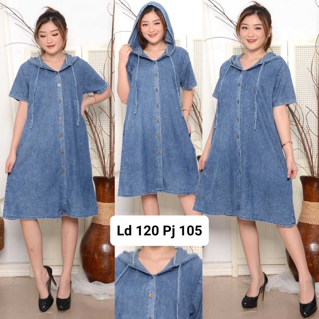 GGG326 Dress Wanita Jeans Denim Full Kancing Polos Hoodie Lengan Pendek LD120 PJ105 Jumbo Biru Blue