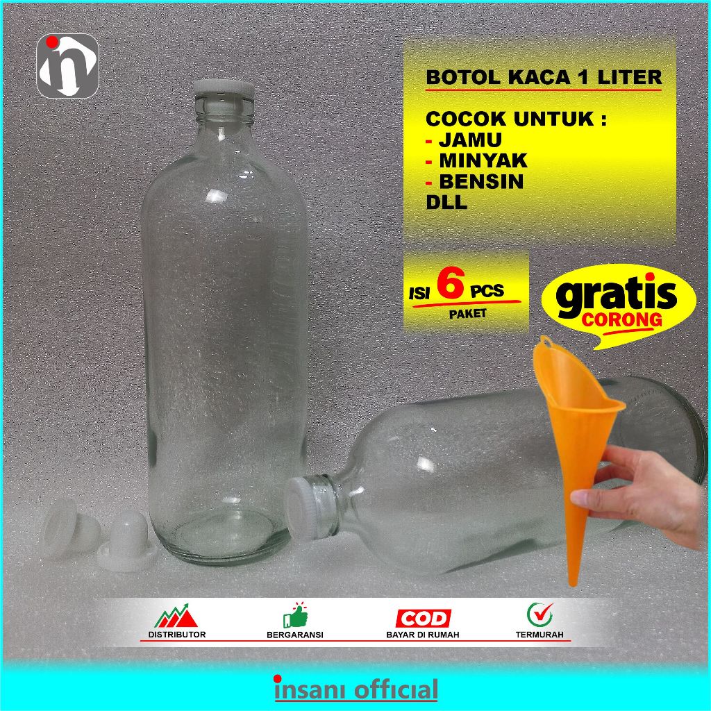 ( PAKET isi 6 Gratis Corong ) Botol Kaca 1 Liter Tutup plug cocok untuk botol bensin - botol minyak 