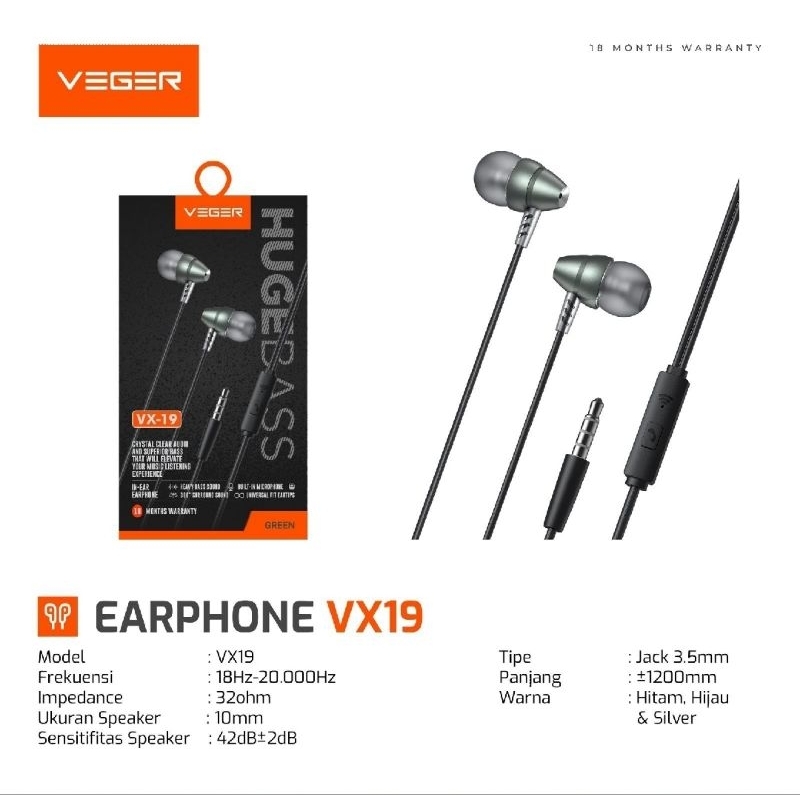 Handsfree/Earphone VEGER VX19 EXTRA Bass