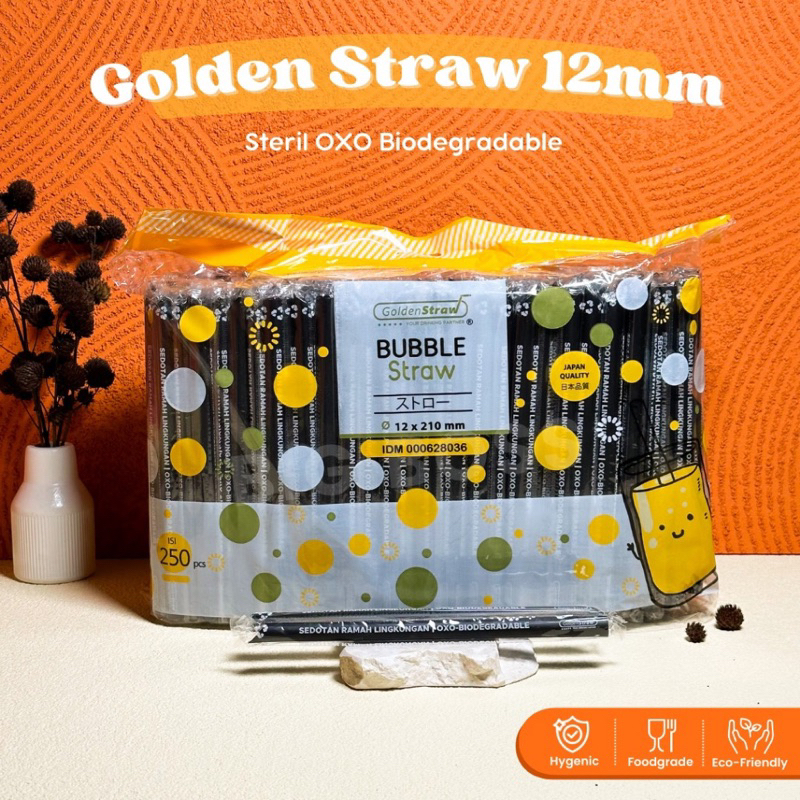 Sedotan Boba Plastik 12mm Hitam STERIL Higienis Golden Straw OXO Bungkus Plastik 250 Batang / Sedota
