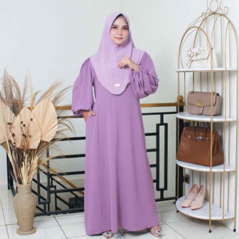 Putroelabel - Gamis Lora Premium Ungu Set Hijab | Dress Casual Wanita Busui Friendly