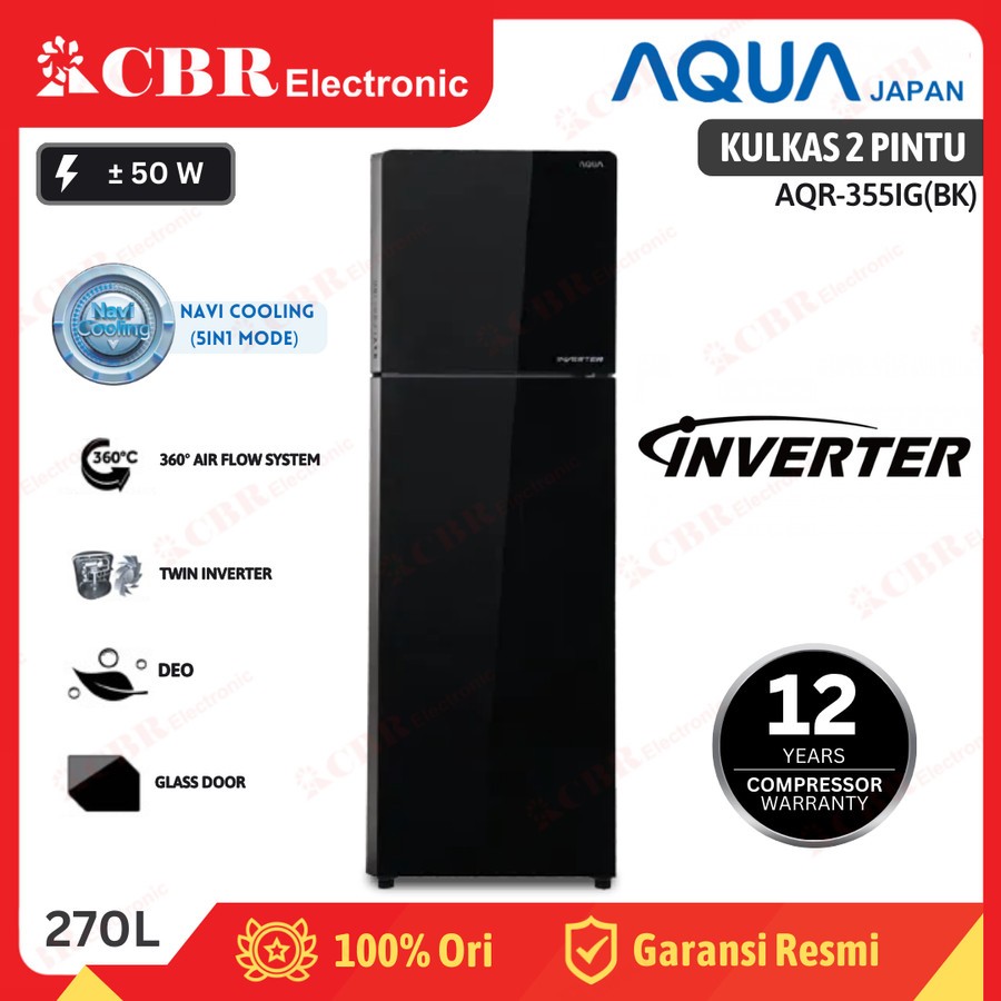 Kulkas AQUA 2 Pintu AQR-355IG (BK) 270 L / Inverter