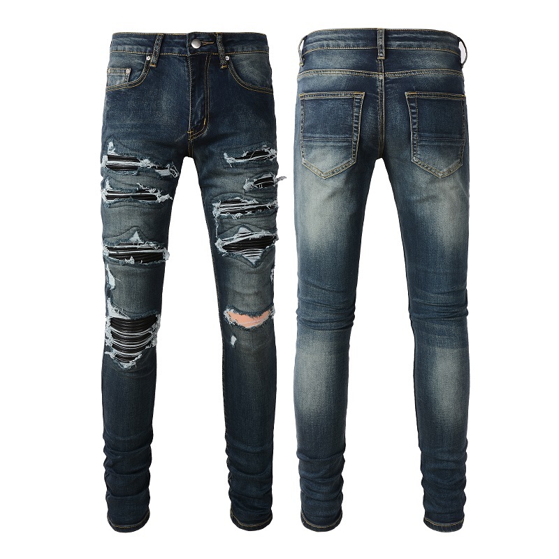 Amiri Jeans Skinny Tertekan Efek Rip Warna Solid Denim Katun Celana Panjang Ramping Tertekan Jeans K