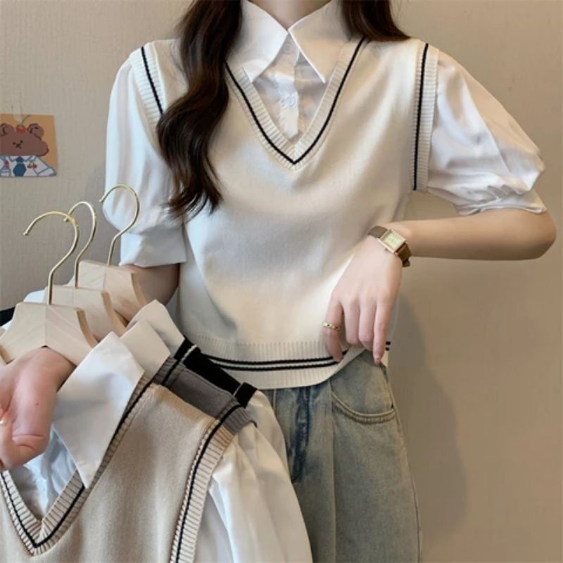 Rompi Vest Rajut Atasan Wanita Sekolah Kantor Sweater Outer Top List Blouse Stripe V-neck Remaja Kor