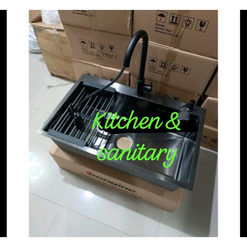 Paket komplit kitchen sink stainless 8050 hitam / Paket kran tarik kitchen sink 8050 black