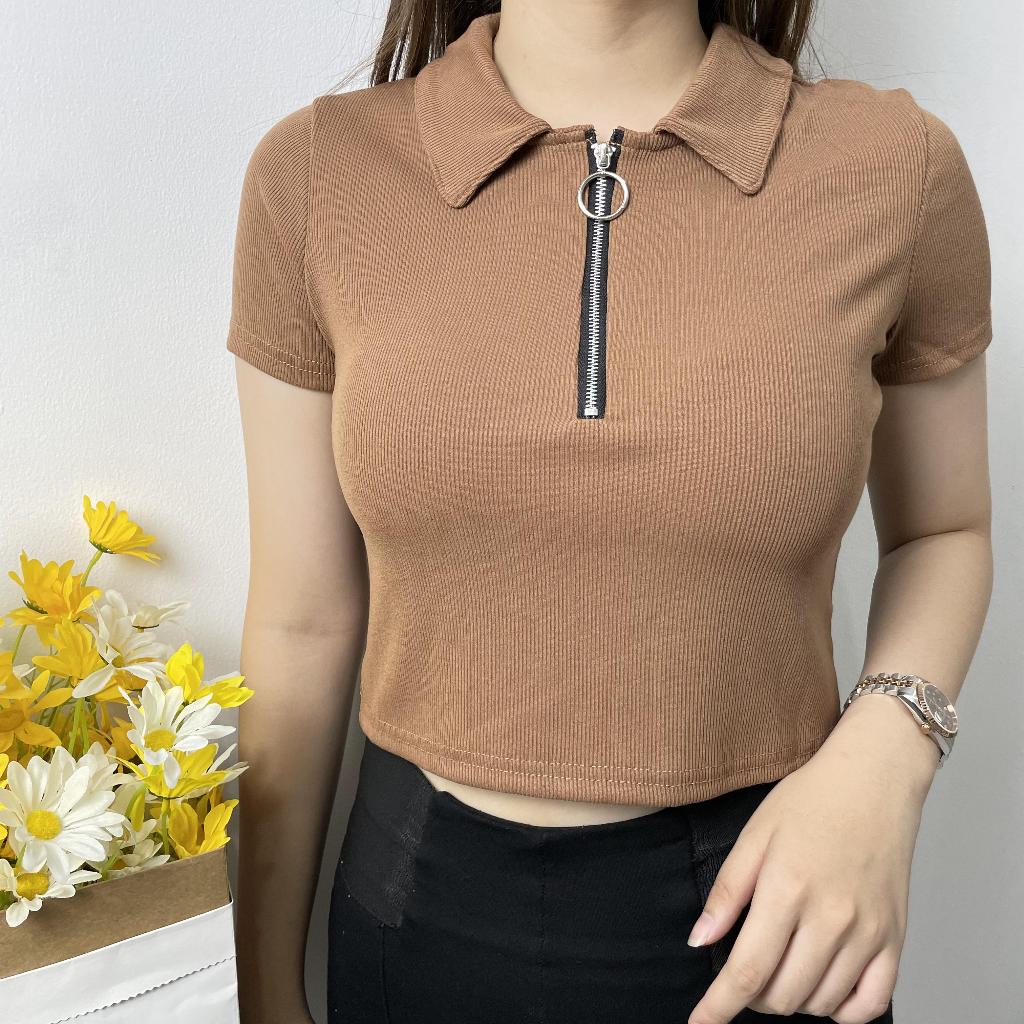Crop Top Kerah Resleting Rib #3838