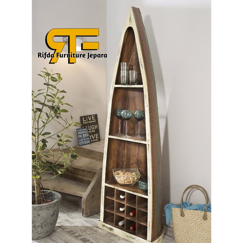 Rak Botol Prahu Jati / Rak Botol Antik / Rak Botol Wine Anggur