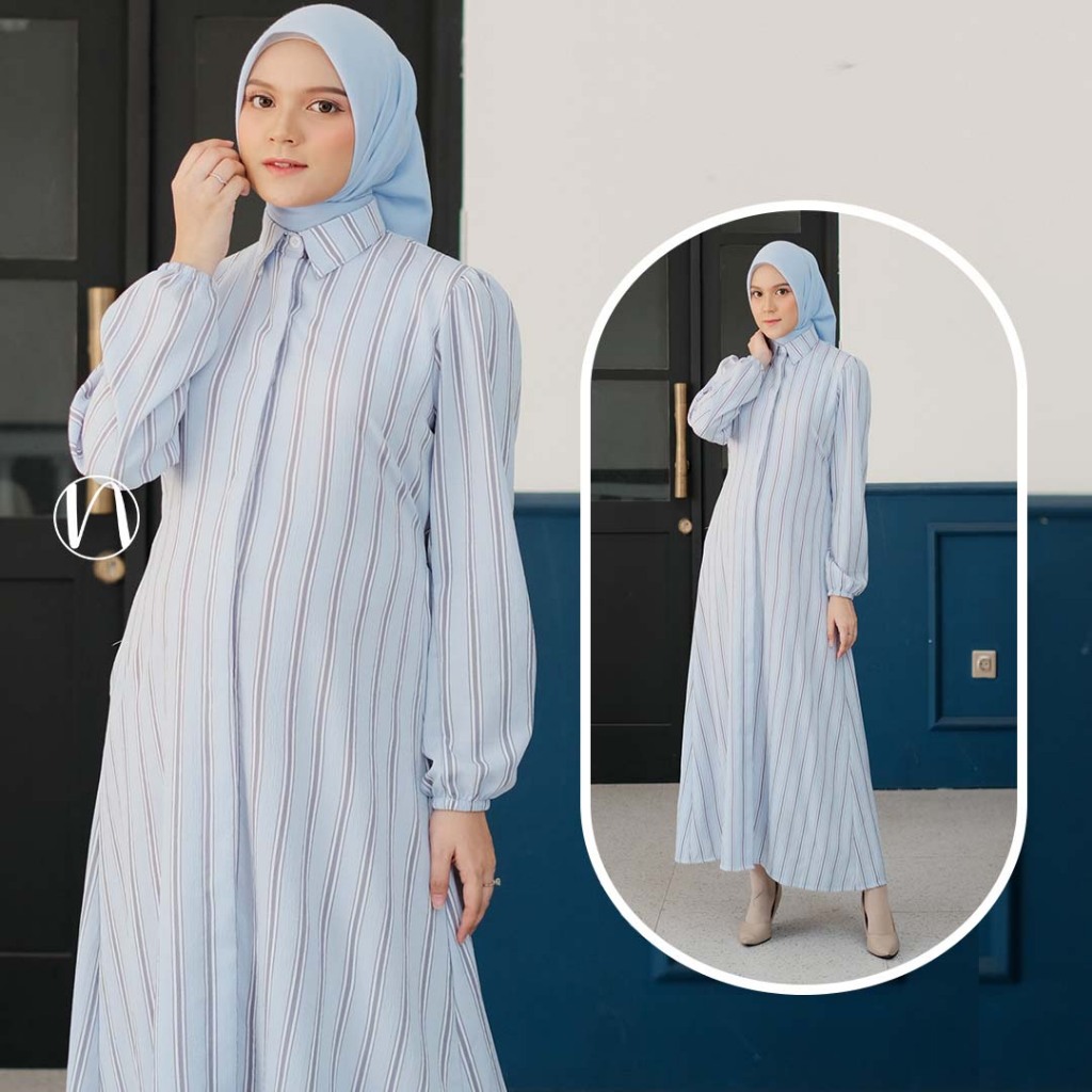 Lisa Dress Gamis Wanita Muslim Motif Salur Lengan Karet Kain Nyaman Kancing Kantong Crinkle Wudhu Pa