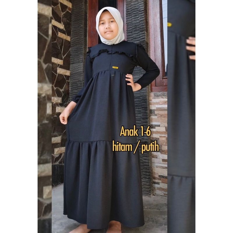 gamis crinkel anak hitam putih polos motif rempel