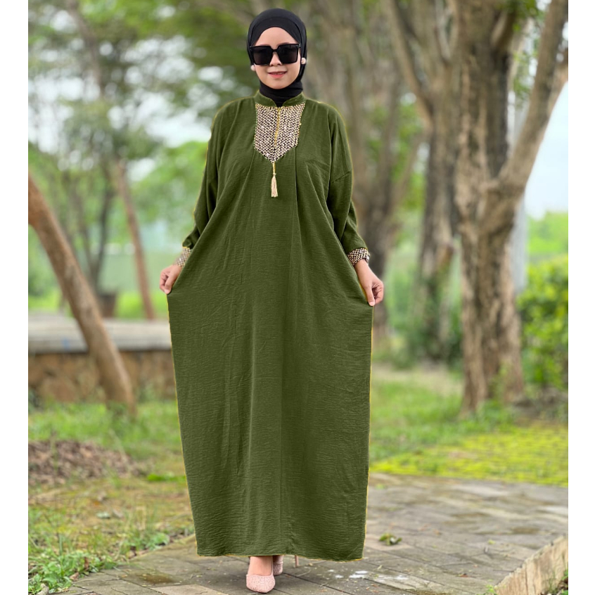 Gamis Sultan Renda Kringkle Airflow Premium Dress Kaftan Arab Polos Simple Busui Friendly Hitam-Army Kaftan