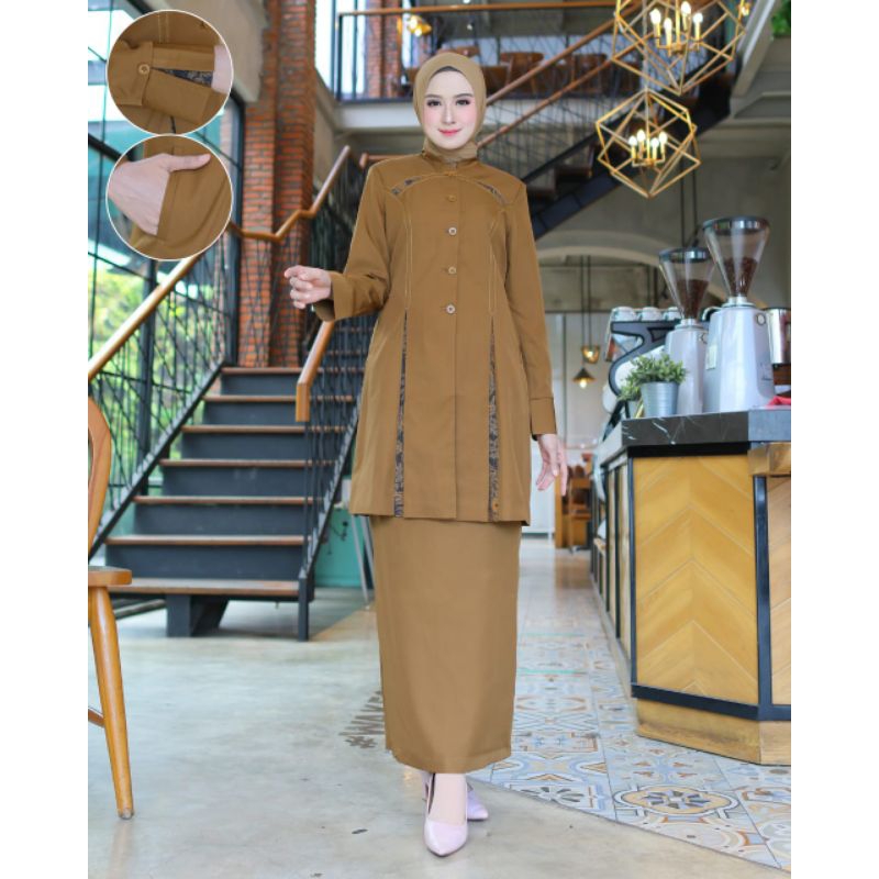 SERAGAM KHAKY TUNIK BATIK BELAH SETELAN ROK SPAN BAHAN KATUN FREE HIJAB