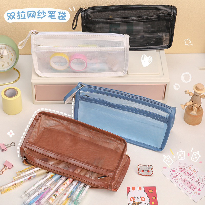 

KOTAK PENSIL TRANSPARAN MESH PERALATAN SEKOLAH STATIONERY PENCIL CASE