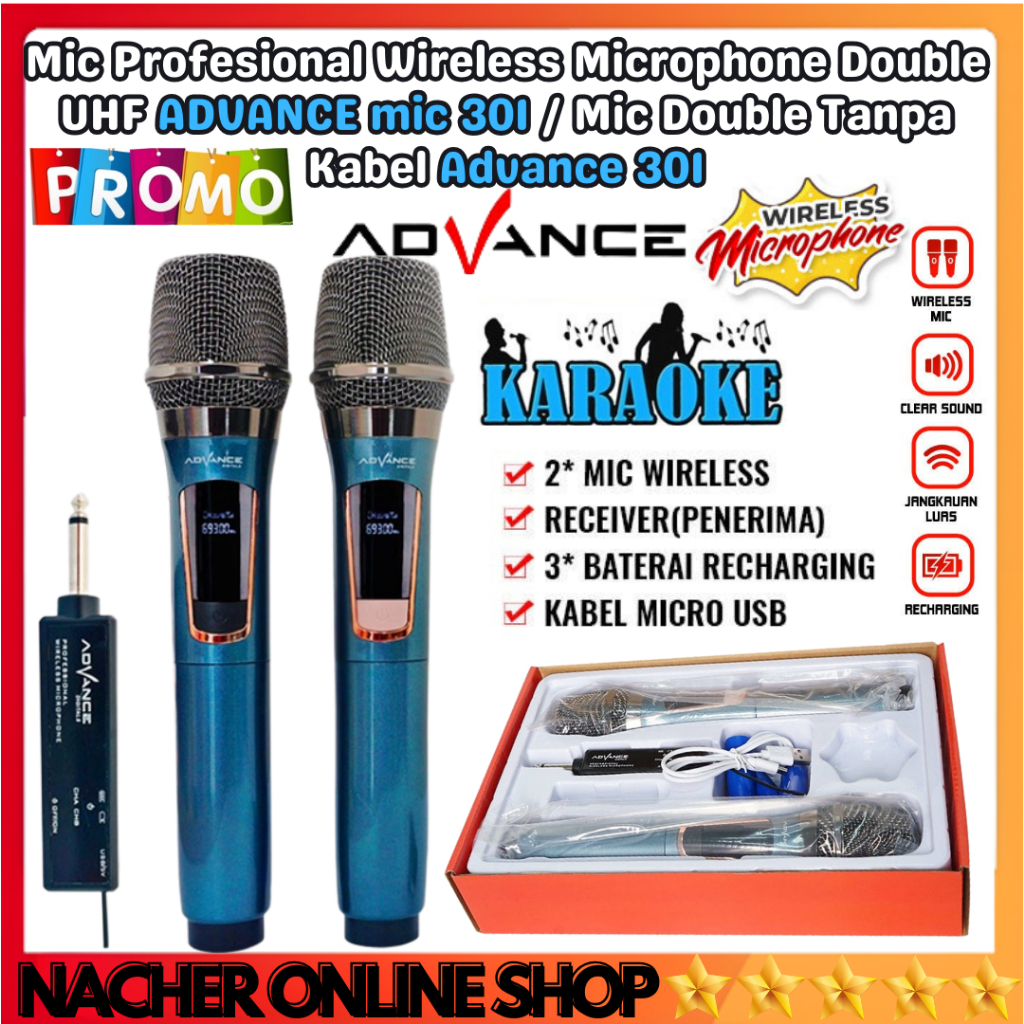 Advance Mic-301 Microphone Wireless Double 2 Mic Karaoke Nirkabel Ori | Advance Mic 301 Wireless Microphone Karaoke Mikrofon | Advance Microphone Wireless Mic-301 Mic Karaoke Tanpa Kabel