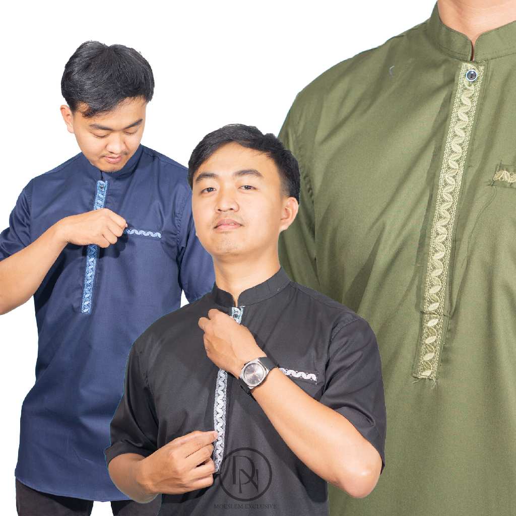 Baju Koko Kurta Pria Dewasa Thaqim Warna Army Terbaru Lengan Pendek | Kombinasi Bordir
