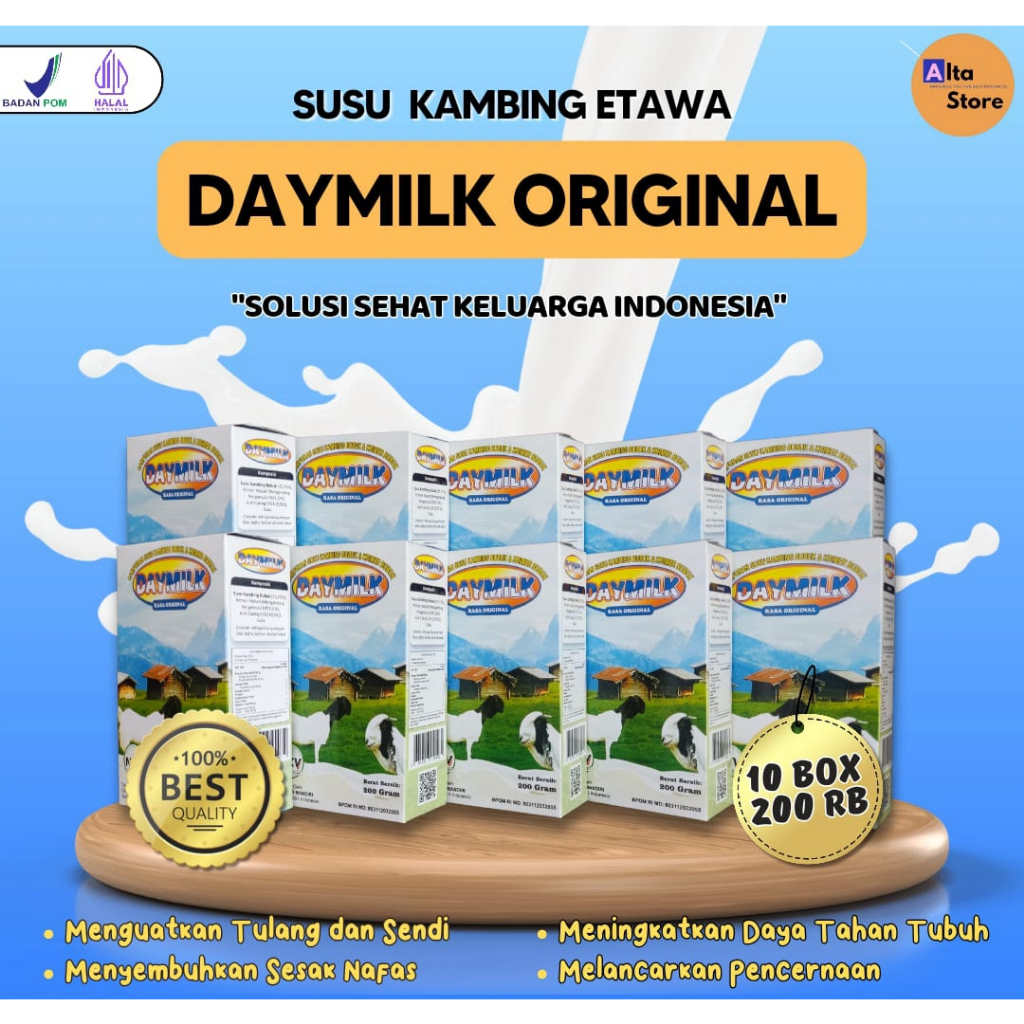 

Paket 10 Box Susu Kambing Daymilk Susu Kambing Etawa Halal BPOM 200 Gram Pontianak