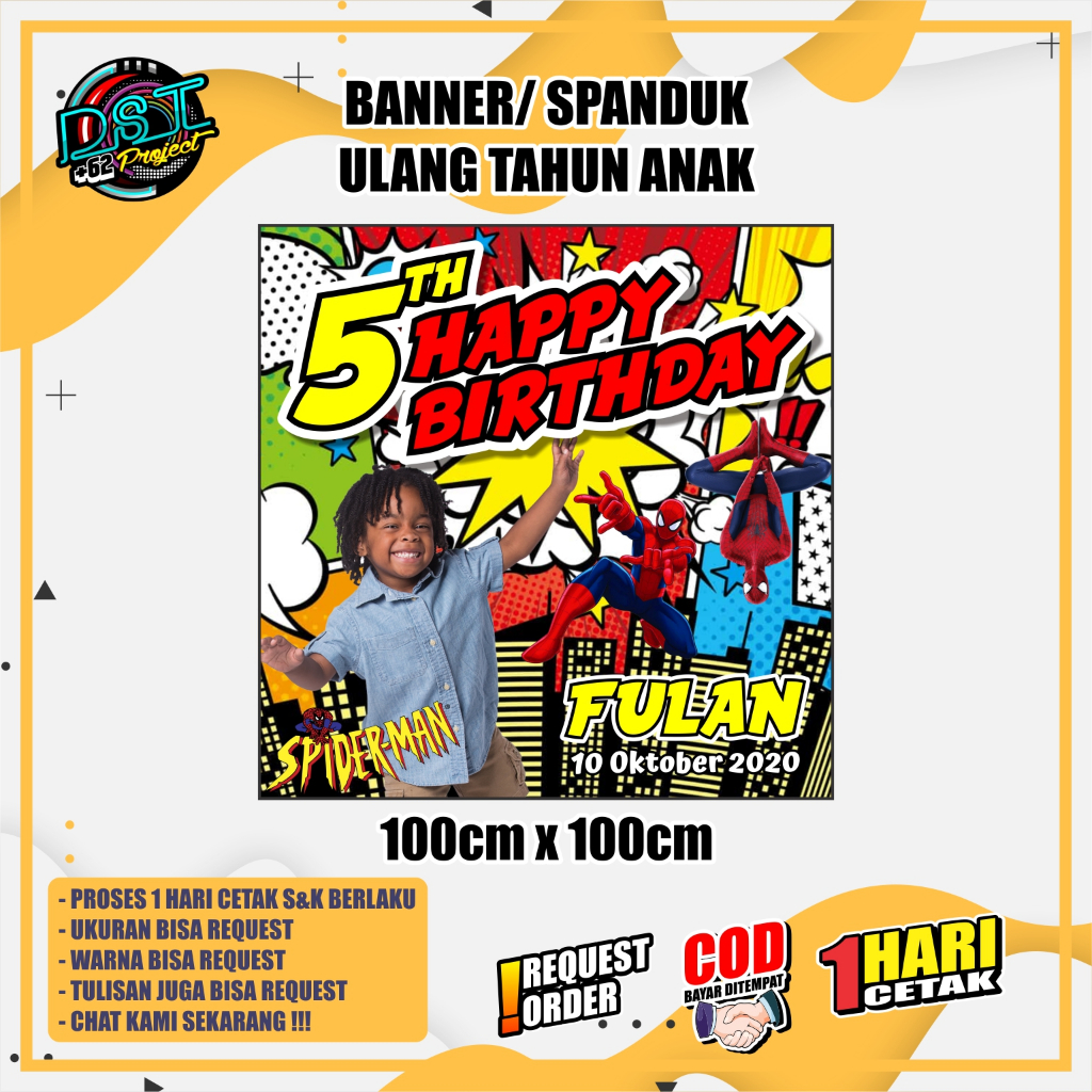 BANNER / SPANDUK ULANG TAHUN TEMA TEMA SPIDERMAN 100 x 100
