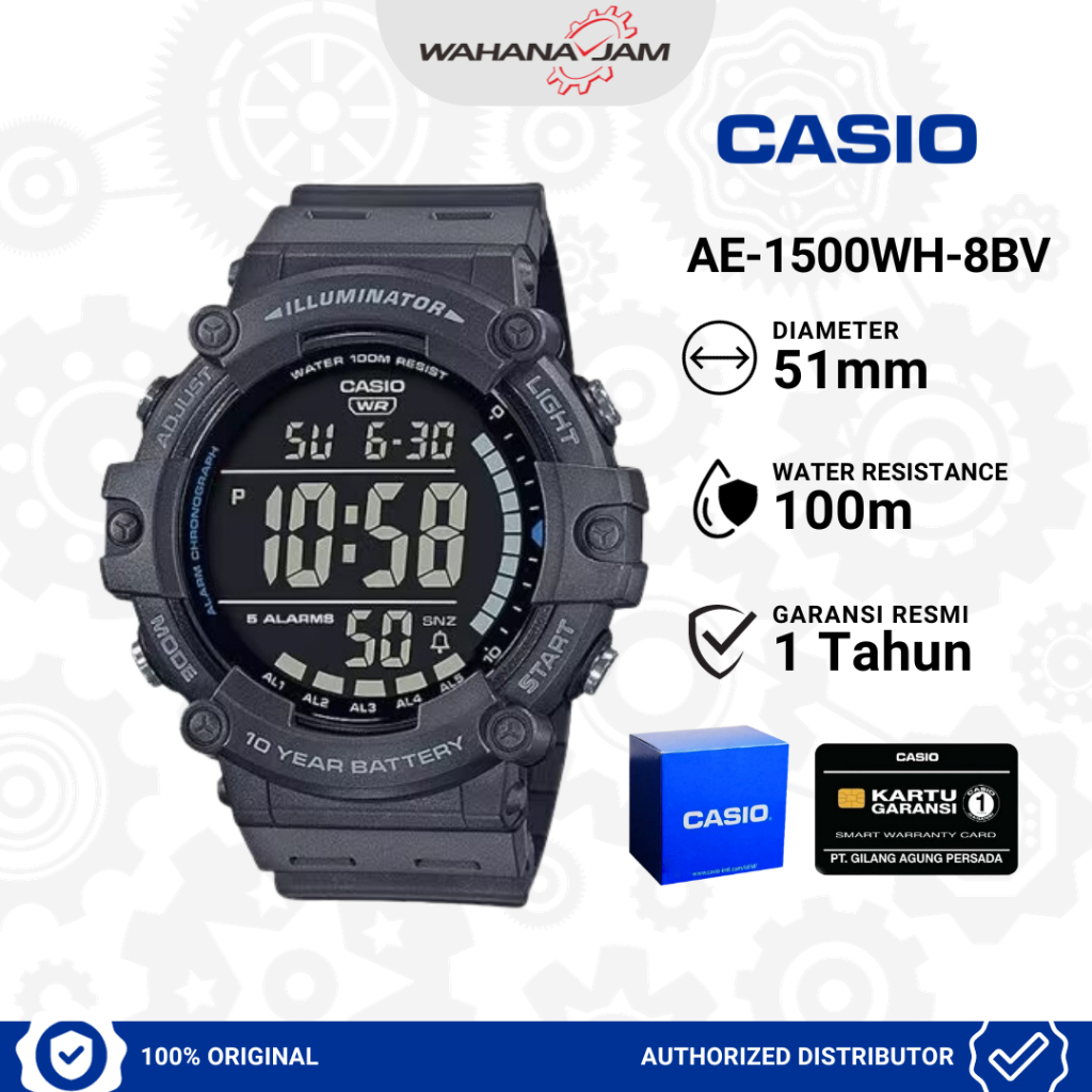 Casio AE-1500WH-8BV Abu Original / Jam Tangan Pria Digital AE1500 AE-1500WH Gray Resin